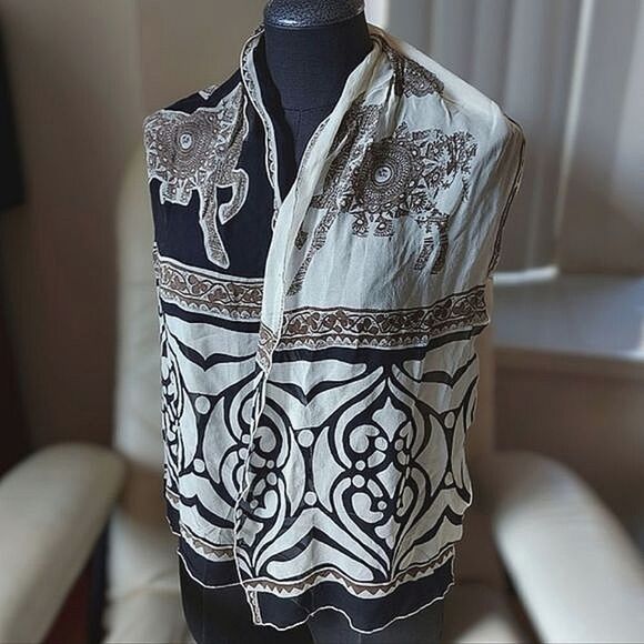 Vtg tri-tone chiffon damask pattern and horse motif - Picture 1 of 11